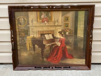 Vintage Framed Print Woman at Piano - Large 31x25”