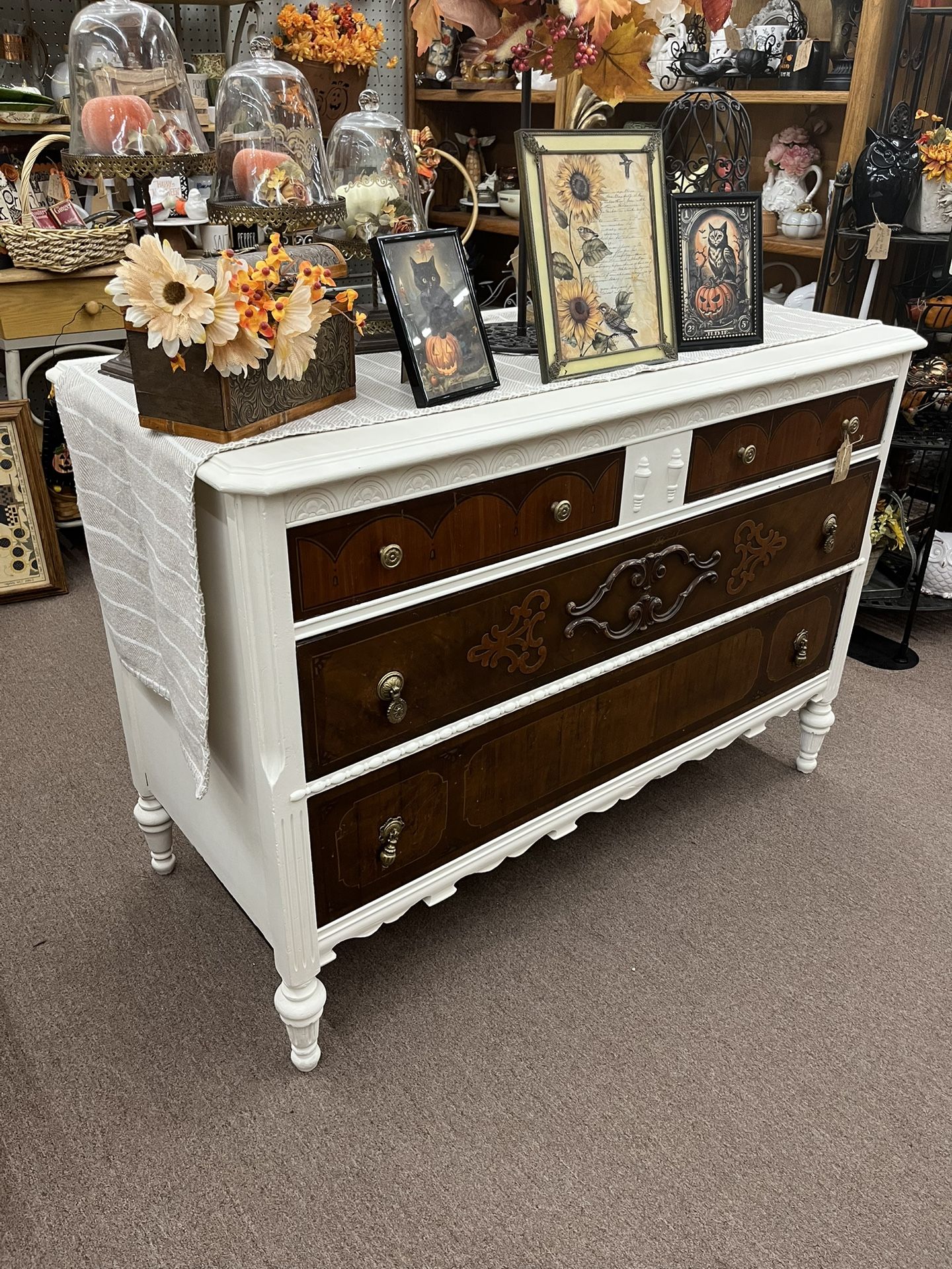 Beautiful White & Wood Antique Dresser Buffet