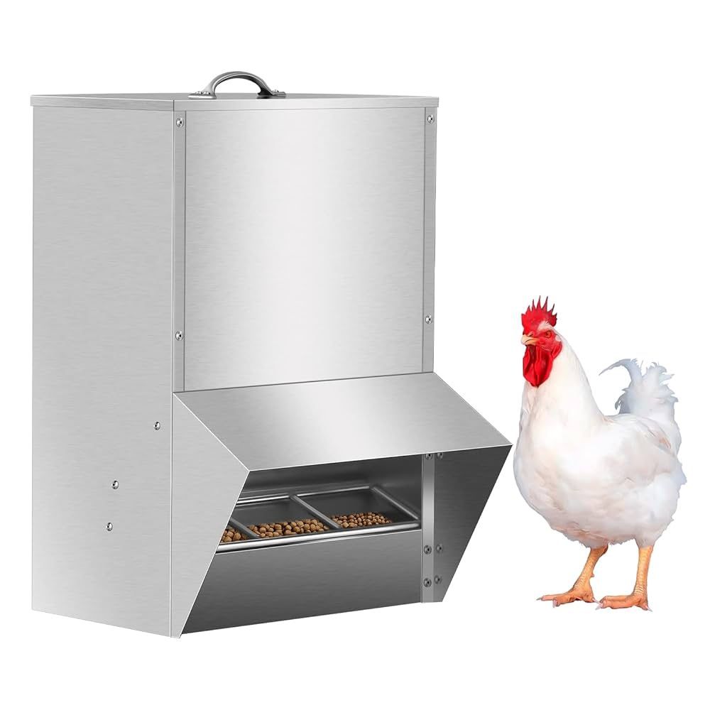 Galvanized Chicken Feeder 30 lbs Capacity, Poultry Feeder, Rat Proof, No Waste, Hanging Feeder with Lid, Heavy Duty Food Dispenser