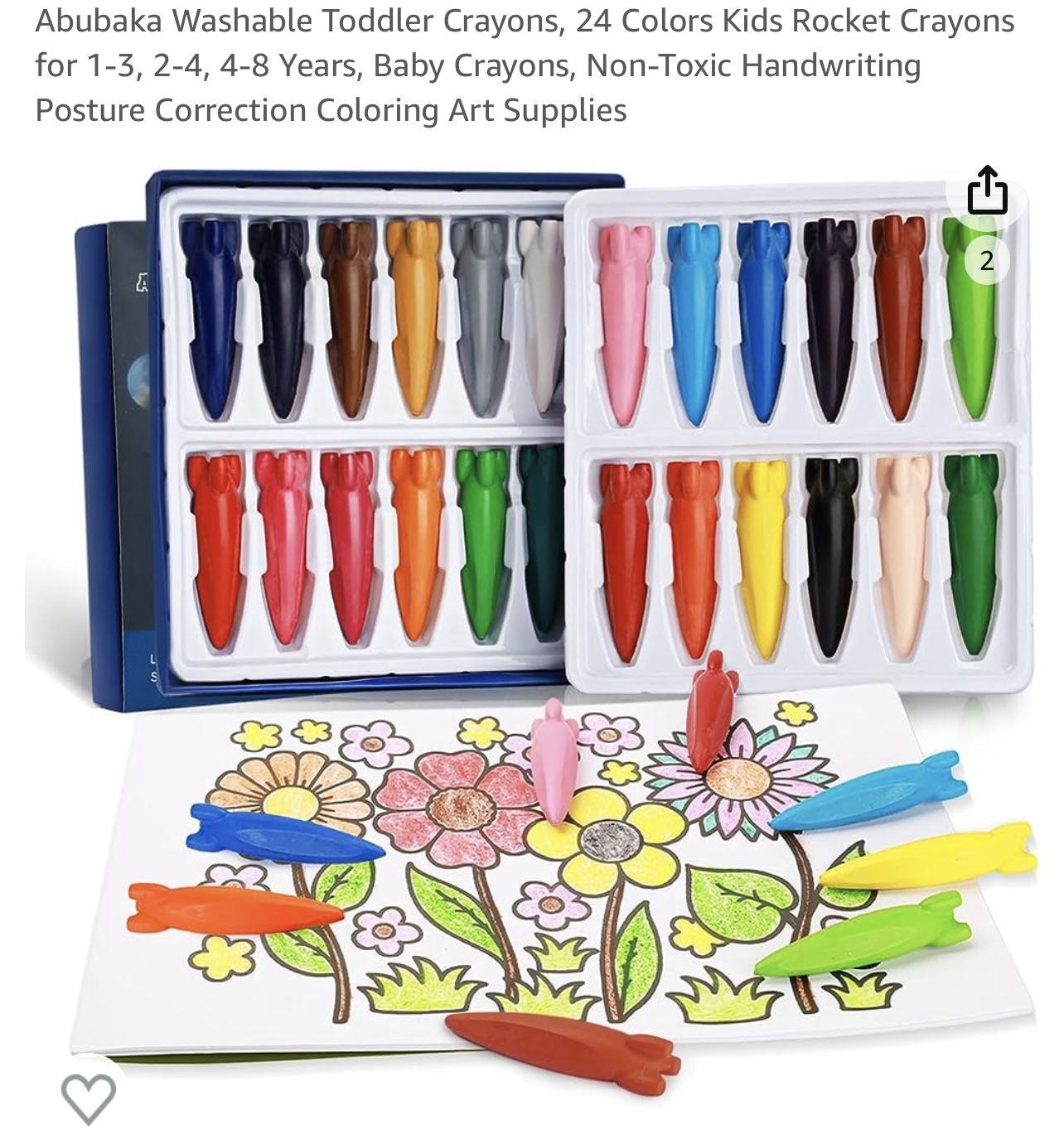 Abubaka Washable Toddler Crayons, 24 Colors Kids Rocket Crayons for 1-3, 2-4, 4-8 Years, Baby Crayons, Non-Toxic Handwriting Posture Correction Colori