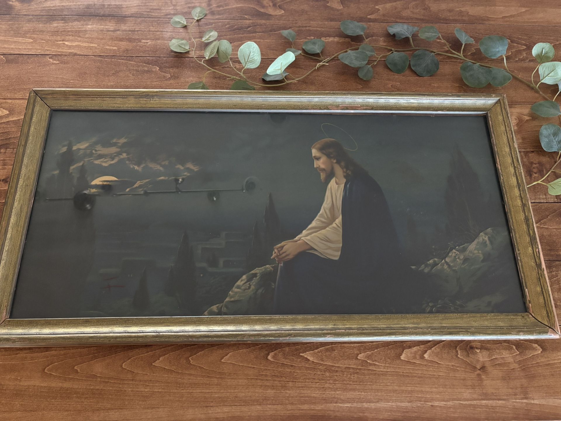 Antique Framed Jesus In The Garden Of Gethsemane 17.75” X 33.5”