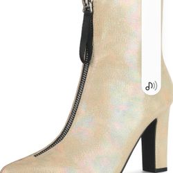 Perphy Rave Holographic Boot Front Zip Chunky Heel Ankle Boots for Women