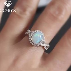 14K / 925 Opal Ring Bride Wedding Engagement, Ring Cubic Zirconia Oval Stone Elegant Bijoux  Ring , Opal measurement 8mm , Lab Created Diamonds ar Siz