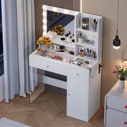 ModernLuxe Vanity Desk with Mirror and 3 Lighting Modes Makeup Vanity with Glass Top and Storage Shelves Dressing Table with 2 Drawers and Cabinet Whi