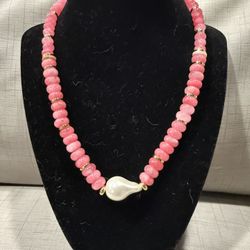 Pink Jade Beaded Unique Necklace With Freshwater Pearl For Women Macrae & Co. 