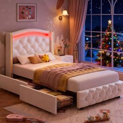 Upholstered Twin LED Bed Frame with Crystal Button-Tufted Headboard & 4 Storage Drawer, Modern PU Princess Twin Size Platform Bed Frames for Kids/Girl