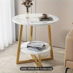 Modern 2-Tier Metal Coffee Table with Storage Shelves - Compact Round Side Table for Living Room, Balcony, or Bedroom, White Marble Top, 4 Color Optio