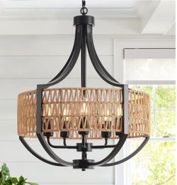 Boho Rattan Woven Drum Chandelier Black Metal