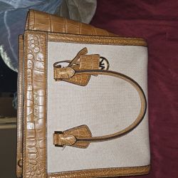 Michael Kors Canvas & Croc-Embossed Leather Satchel Tote - Tan/Beige