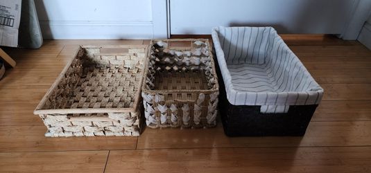 3 of Hyacinth Wicker Basket Wooden Handles, Shelf Organizer Large basket, Wicker, Natural Bins with Cloth Ining(16x9x6.2", 12x8.2x5.5", 14.2x10.2x4")