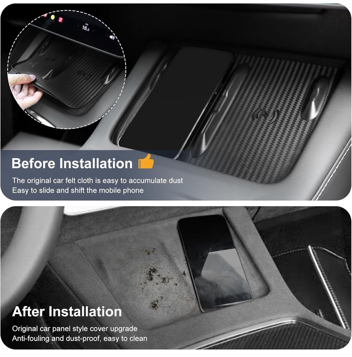 Wireless Charging Silicone Pad for Tesla Model 3/Y - Anti-Slip. Carbon fiber look. Protect your suede charging pad from spills and scratches.