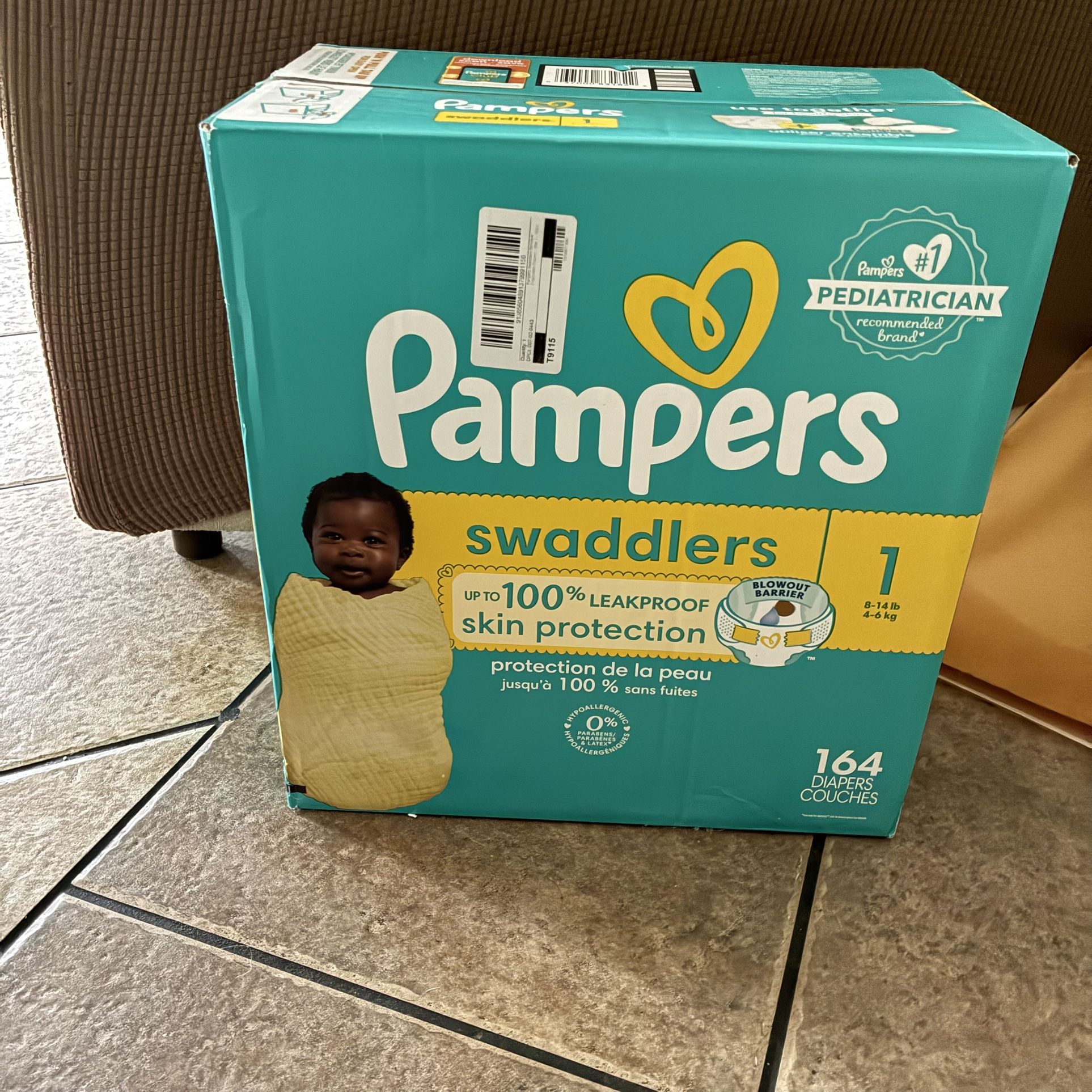 Pampers Swaddlers Wetness Indicator Hypoallergenic Soft Latex and Paraben Free Soft Diapers - Size 1, 164 Count