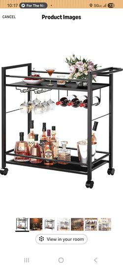 Bar Cart with Wheels 2 Tier Wine Rack Glass Holder Serving Cart Black