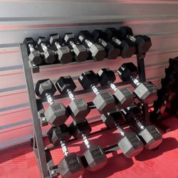 New pair of 5,10,15,20,25,30,35,40,45lb rubber dumbbells + rack. All new in box 📦 $525