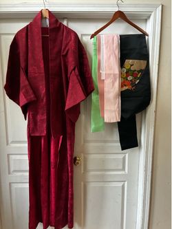 Vintage Japanese Kimono Traditional Obi Set -Red Floral Robe, Embroidered Black Obi Sash, Obi-age/Obi-jime accessories