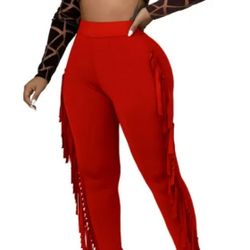 Women's High Waist Fringe Pants Bodycon Sweatpants Bodycon Casual Side Tassel Long Pencil Bottoms Solid Color Knitted Tassel Pants Red L