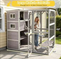 Cat Catio,  XL Gray wooden, 76″L 4-Tier Custom Outdoor Cat Enclosure, NEW