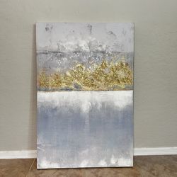 36x24 LARGE White Blue/Grey & Gold Foil/Glitter Textured Canvas Wall Art