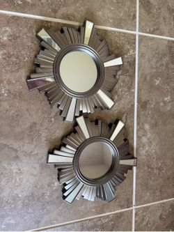Decorative Sunburst Wall Mirror Pair In Metallic Gray | Color: Gray/Tan | Size: Os