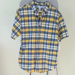 Old Navy Men's Yellow Blue Plaid Shirt Short Sleeve Summer - Slim Fit Size M NWT 