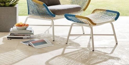 West Elm Huron Outdoor Ottoman ONLY,white/blue/yellow ,all weather cord wraps around aluminum frame,lightweight