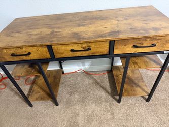 Rustic Industrial Writing Desk with 3 Drawers & Storage Shelves