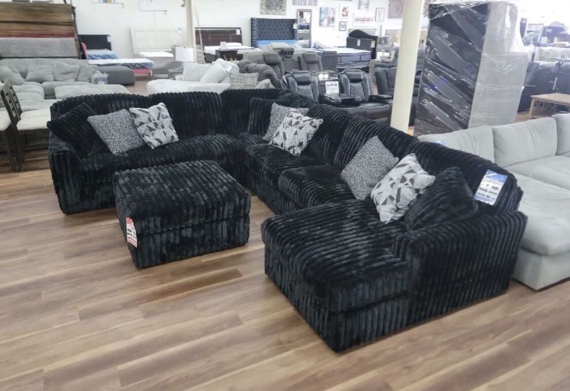 New XL Super Comfy Black Corduroy Sectional Sofa Couch *Ottoman Sold Separately*
