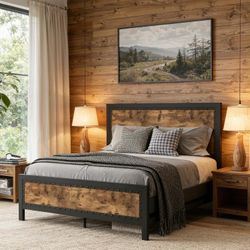 Queen Size Grey Metal Bed Frame Queen, Industrial Wooden Platform Base with Rivet Headboard and Footboard, No Box Spring Needed