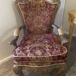 Emerson Arm Chair. Vintage, beautifully upholstered, and Detailed Woodwork