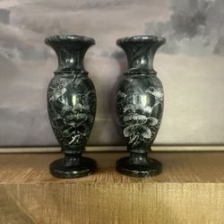Set of 2 Beautiful Vintage Black Marble Bud Vase Etched Lotus & Bird 8"