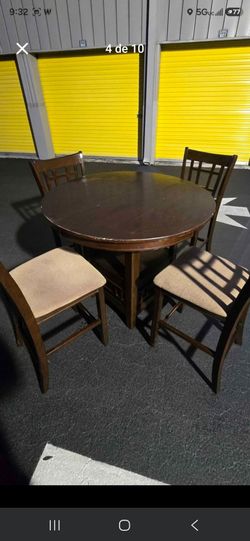 Round-to-Oval Counter Height Dining Table Set with 4 Chairs (Dark Wood)