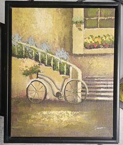 This artwork is likely a "Vintage Bicycle with Flower Basket" canvas print, a popular style for farmhouse or rustic home decor