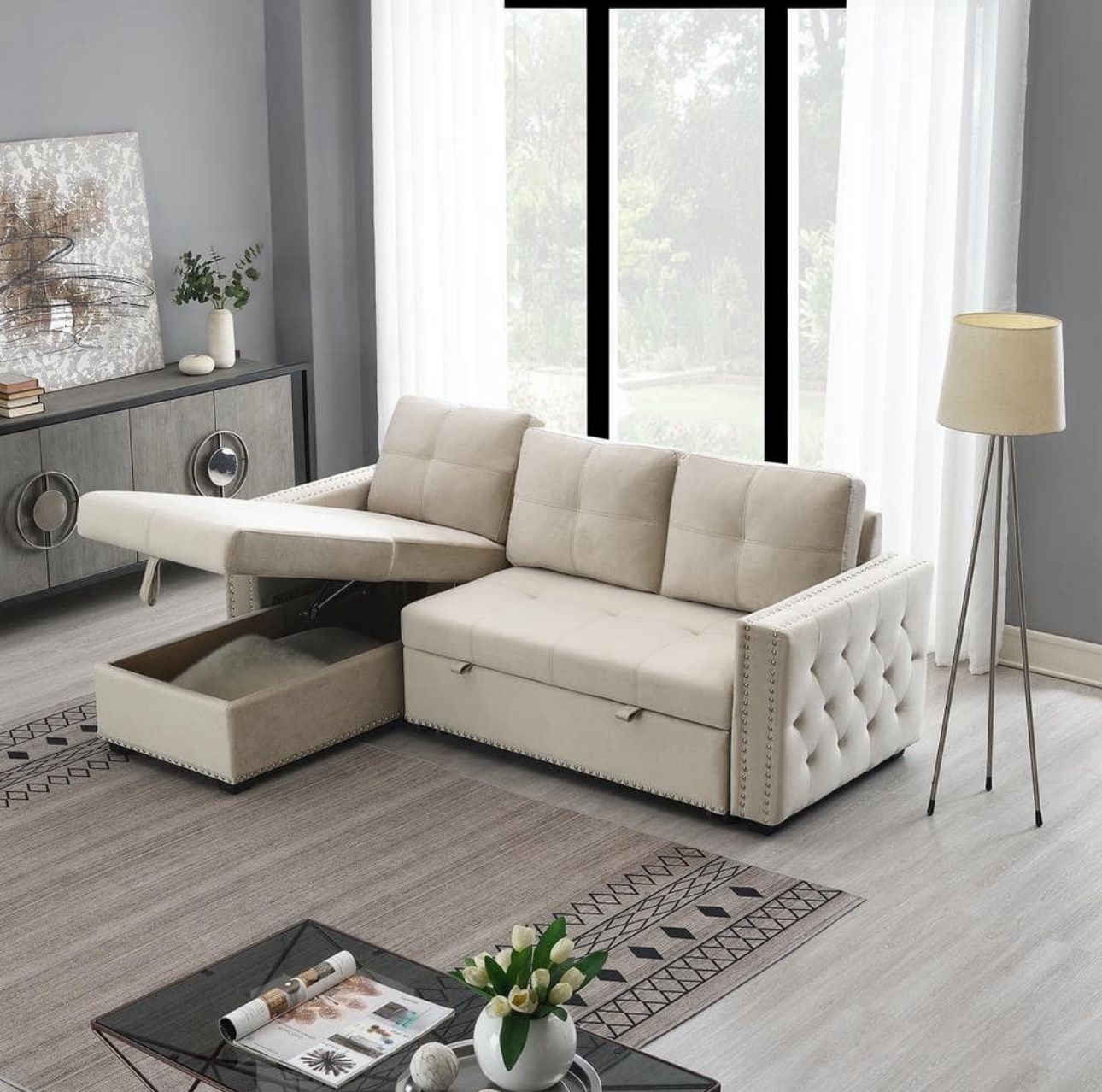 91 in. Beige Velvet Full Size 3-Seat Sofa Bed with Storage