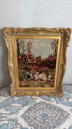 Framed Needlepoint Dogs in Autumn Scene