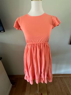 Land End dress Girls size 12 orange with eyelet sleeves elastic waist ruffle hem