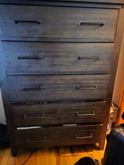 Montana Dark Brown Storage Bookcaase Queen Bed Frame with 55 inch Dark Brown TV Stand with Dark Brown 5 Shelve Chest Drawer