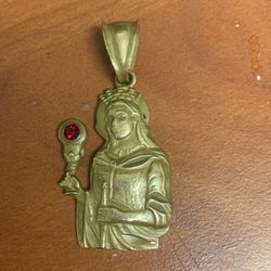 Saint Barbara Stamped 14k Gold Necklace Pendent Red Gemstone 