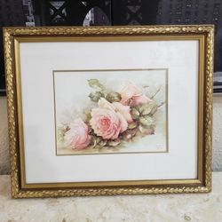 Beautiful Pale Pink Roses Framed Wall Art! Print Of Watercolor Painting By Sonie Ames Intricate Detailed Gold Ornate Frame (18×15)!