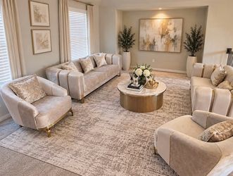 Cream Velvet Living Room Sofa Set with Gold Legs