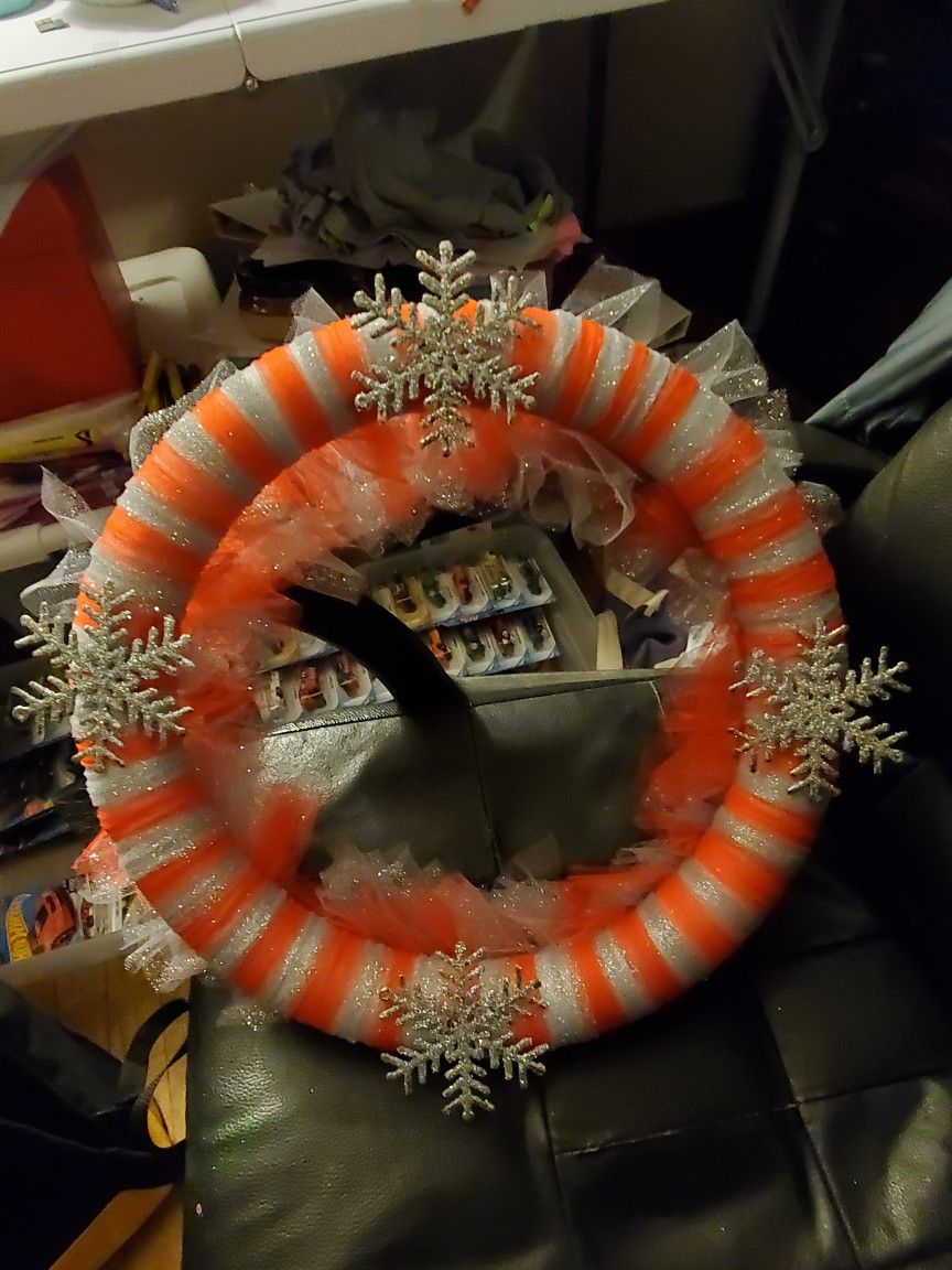 Red And Silver Tulle Wreath With Snowflakes