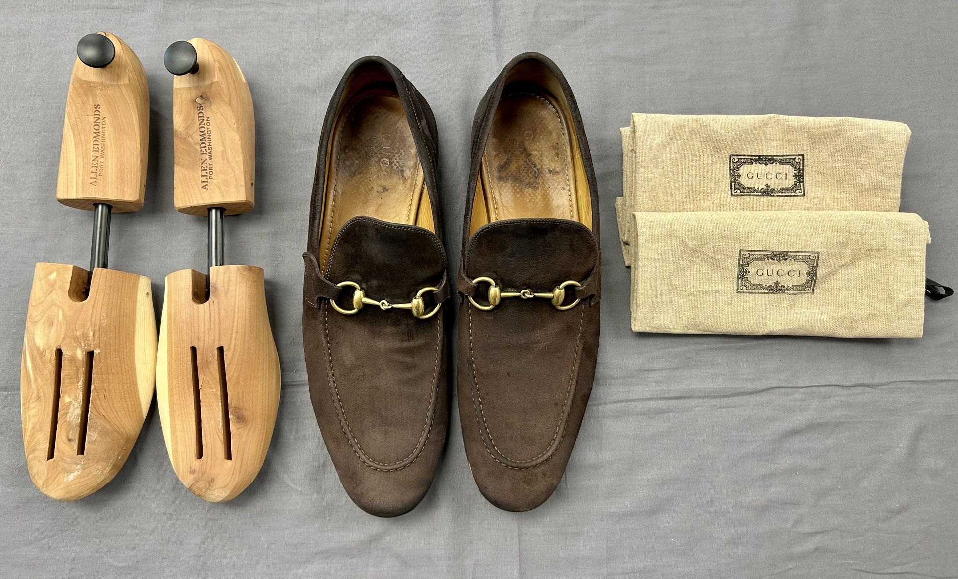 Gucci Jordan Horsebit Loafers Men’s Size 12 Brown Suede Shoes 406994 Italy