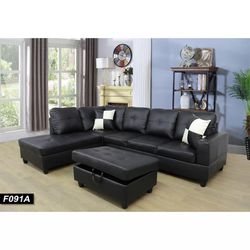 103” Black Leather Sofa With Ottoman