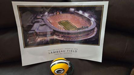 Green Bay Packers: (18"×26") Lambeau Field laminated poster & mini helmet, firm.