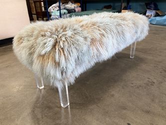 OUTPOST Lambskin Upholstered Bench with Clear Lucite Legs