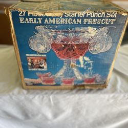 Early American Prescut Punch Bowl With Cups