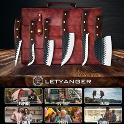 LETYANGER Full Tang Kitchen Knife Set with Carrybag with Butcher Paper Roll
butcher knife; meat cleaver; boning knife; bbq butcher tools