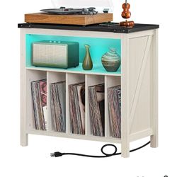 Large Record Player Stand, 230 Vinyl Record Storage Holder, Record Player Table with Power Outlet and LED Light