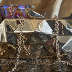 Gold Geometric Metal Evening Clutch Purse With Chain 