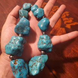 Huge Chunky Turquoise Vintage Native American Necklace 