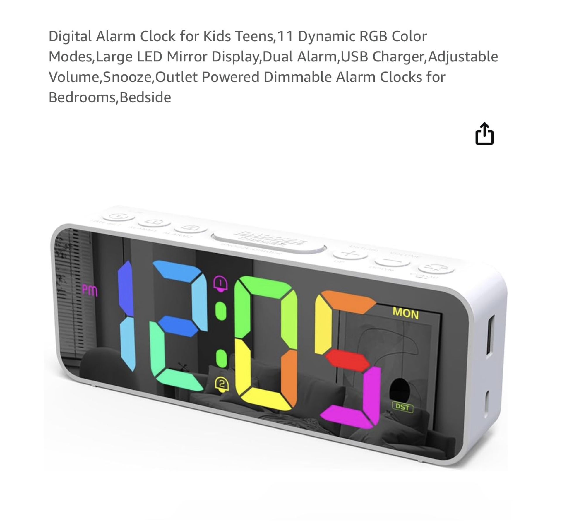 Brand new Digital Alarm Clock for Kids Teens,11 Dynamic RGB Color Modes,Large LED Mirror Display,Dual Alarm,USB Charger,Adjustable Volume,Snooze,Outle